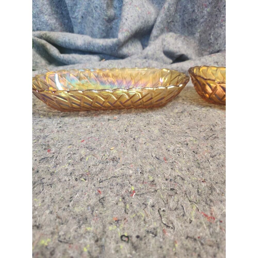 2, Vintage Indiana Glass Marigold Carnival Pretzel Weave Bread Bowl Oblong